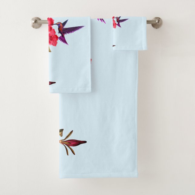 Hummingbird Red Flowers Sky Blue Background Bath Towel Set (Insitu)
