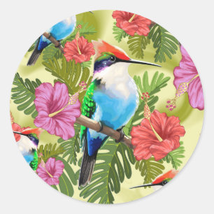 Hummingbird resting and Hibiscuses Classic Round Sticker