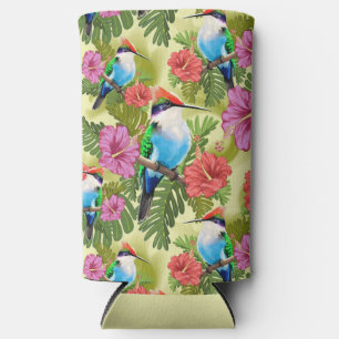 Hummingbird resting and Hibiscuses Seltzer Can Cooler