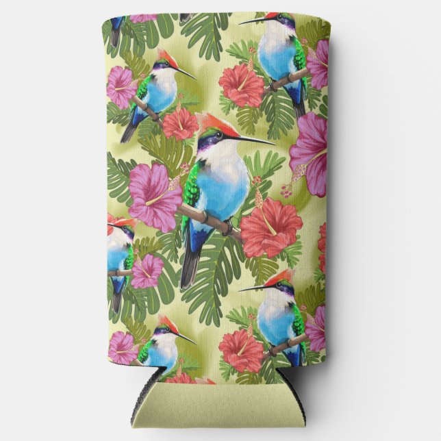 Hummingbird resting and Hibiscuses Seltzer Can Cooler (Front)