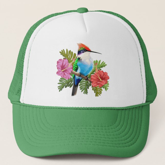 Hummingbird resting and Hibiscuses Trucker Hat (Front)