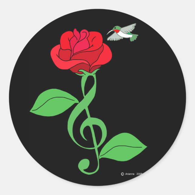 Hummingbird Rose Clef Classic Round Sticker (Front)