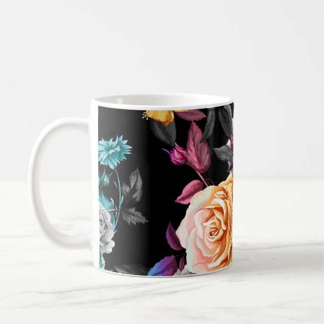 Hummingbird, roses: watercolor black background coffee mug (Left)