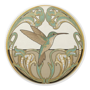 Hummingbird Sage Green & Gold Art Deco Nouveau Ceramic Knob