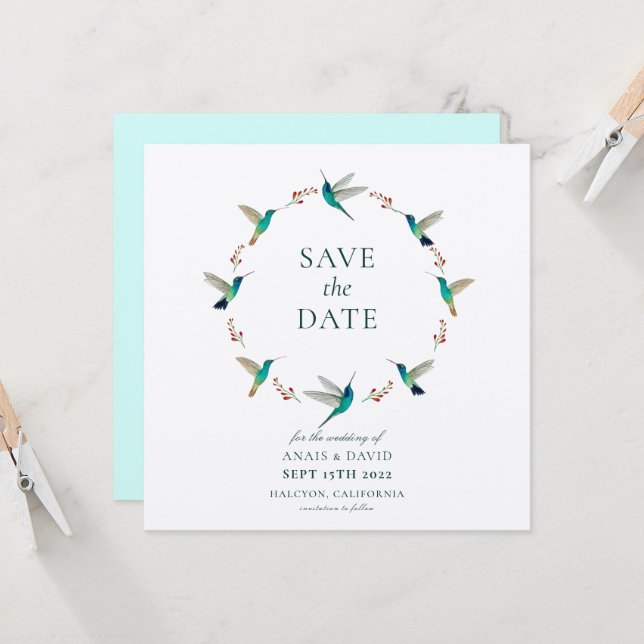Hummingbird Save the Date Card (Front/Back In Situ)