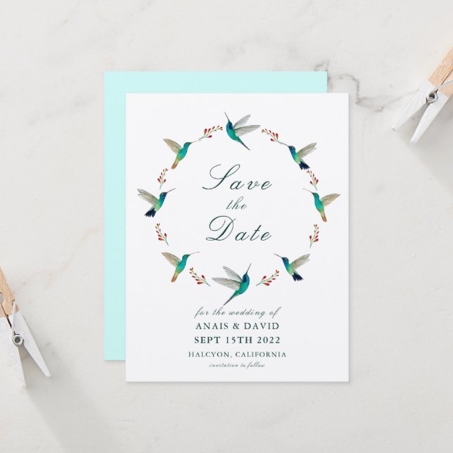 Hummingbird Save the Date Card (Front/Back In Situ)