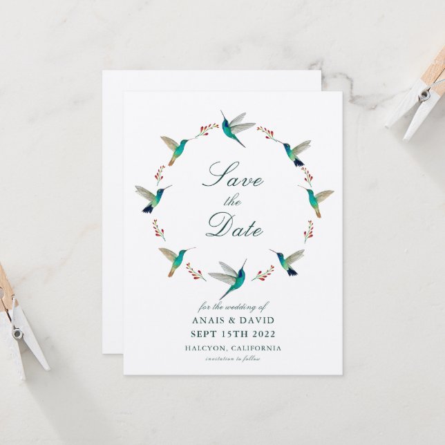 Hummingbird Save the Date Card (Front/Back In Situ)