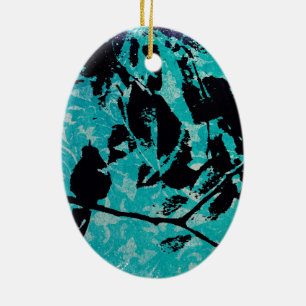 Hummingbird Silhouette on Blue Grunge Background Ceramic Tree Decoration