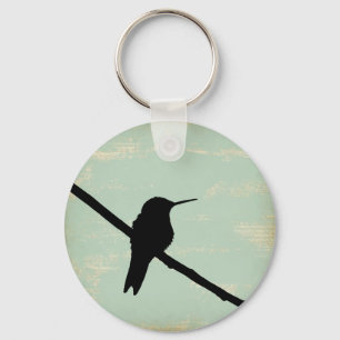 Hummingbird Silhouette on Blue Grunge Background Key Ring