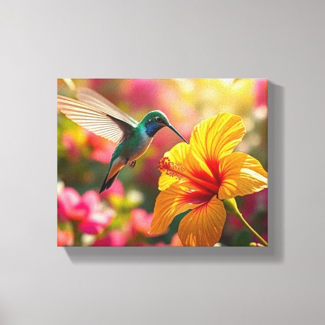 Hummingbird Sipping Nectar from Flower Canvas Print (Front)