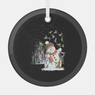 Hummingbird Snowman Merry Christmas Glass Tree Decoration
