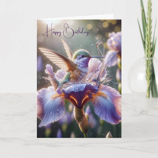 Hummingbird Splashing In a Purple Iris Card (Front)