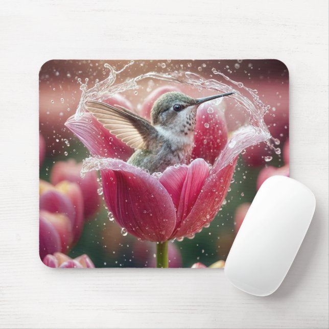 Hummingbird Splashing In a Tulip Mouse Mat (With Mouse)
