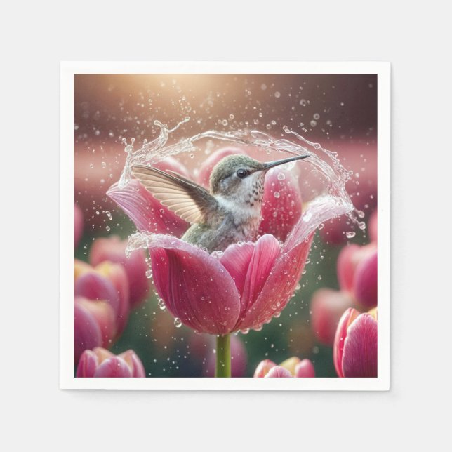 Hummingbird Splashing In a Tulip Napkin (Front)
