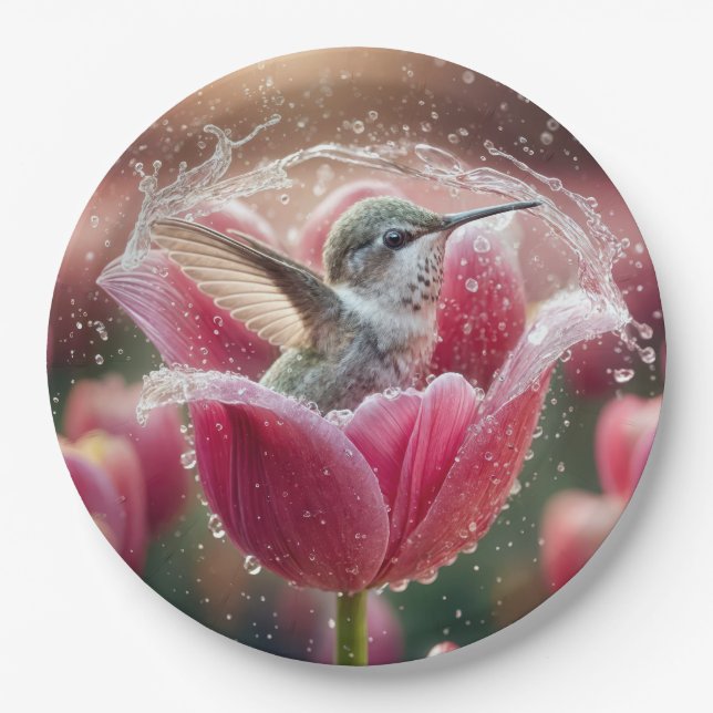 Hummingbird Splashing In a Tulip Paper Plate (Front)