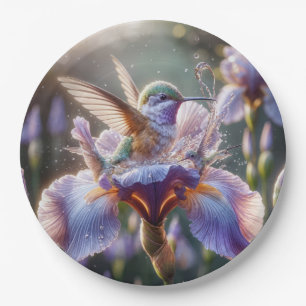 Hummingbird Splashing In An Iris Paper Plate