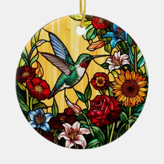 Hummingbird Stained Glass Flower Ceramic Tree Decoration (Front)