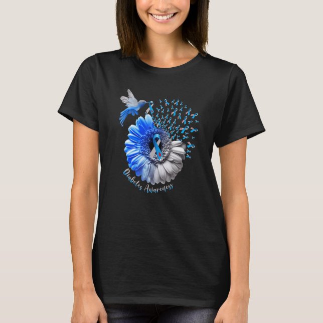 Hummingbird Sunflower Blue Diabetes Awareness T-Shirt (Front)