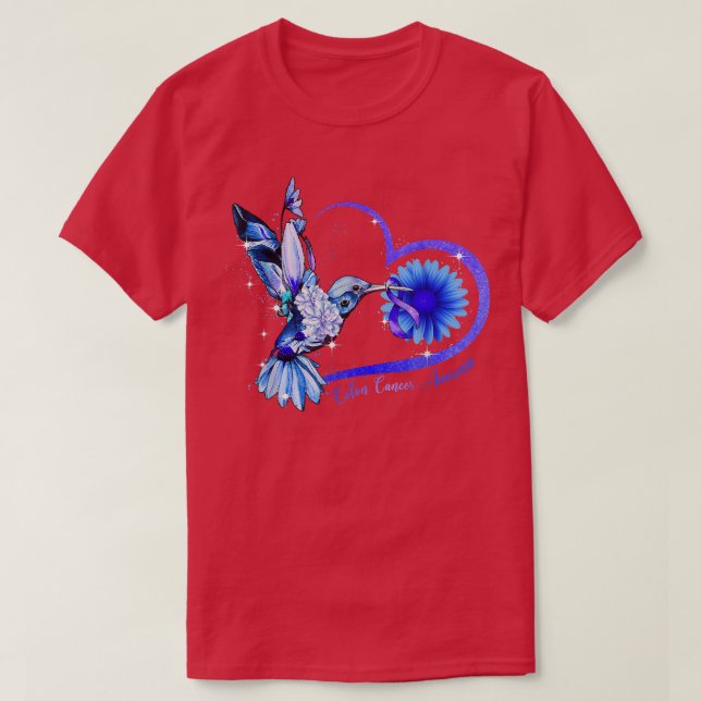 Hummingbird Sunflower Blue Ribbon Colon Cancer Awa T-Shirt (Design Front)