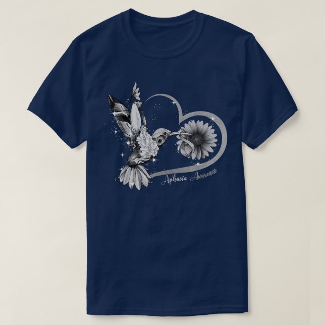 Hummingbird Sunflower Heart Grey Ribbon Aphasia Aw T-Shirt (Design Front)