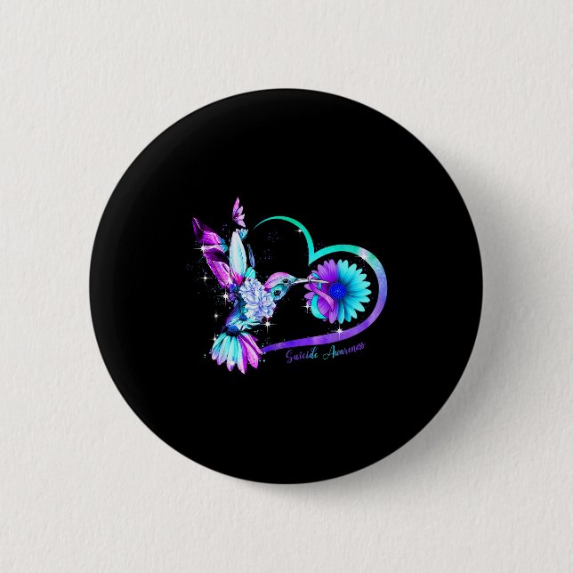 Hummingbird Sunflower Heart Purple Ribbon Suicide  6 Cm Round Badge (Front)