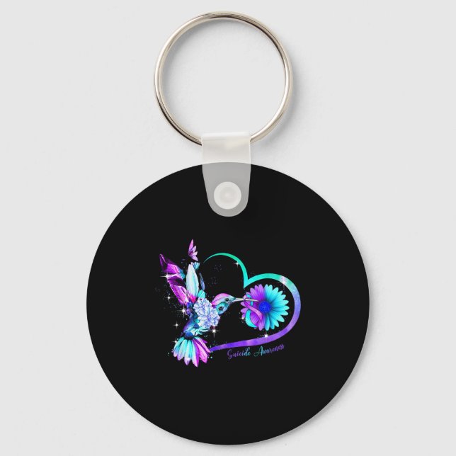 Hummingbird Sunflower Heart Purple Ribbon Suicide  Key Ring (Front)