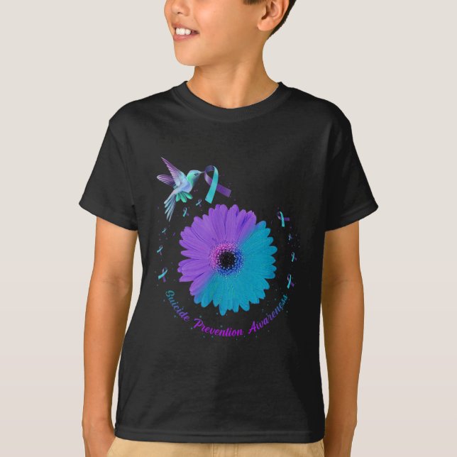 Hummingbird Sunflower Heart Purple Ribbon Suicide  T-Shirt (Front)