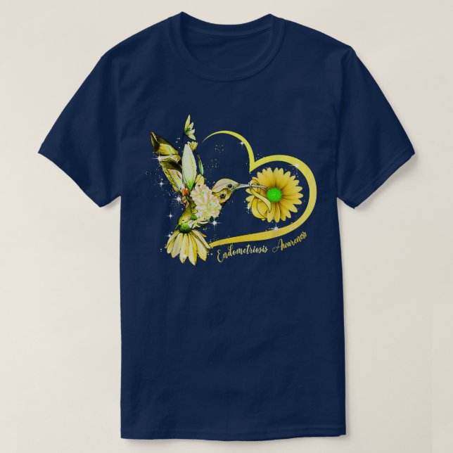 Hummingbird Sunflower Heart Yellow Ribbon Endometr T-Shirt (Design Front)