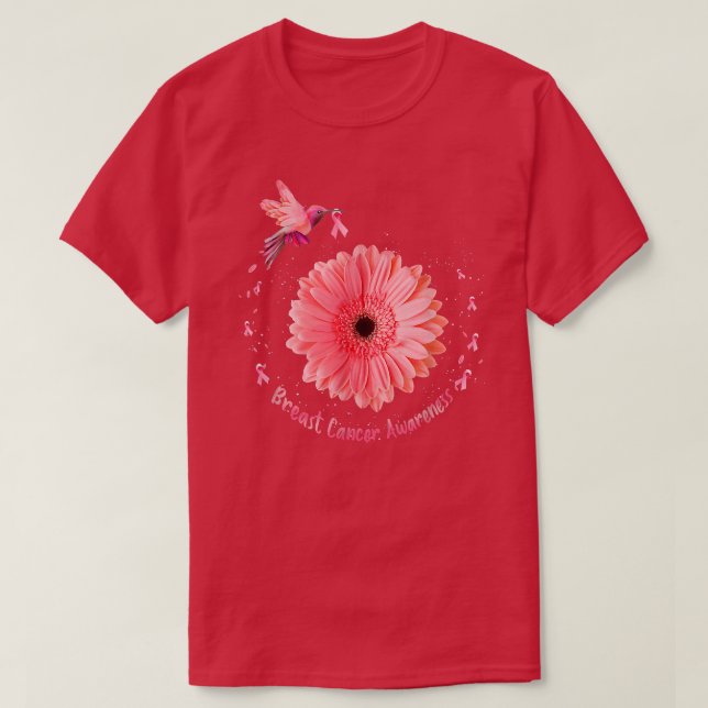 Hummingbird Sunflower Pink Ribbon Breast Cancer Aw T-Shirt (Design Front)