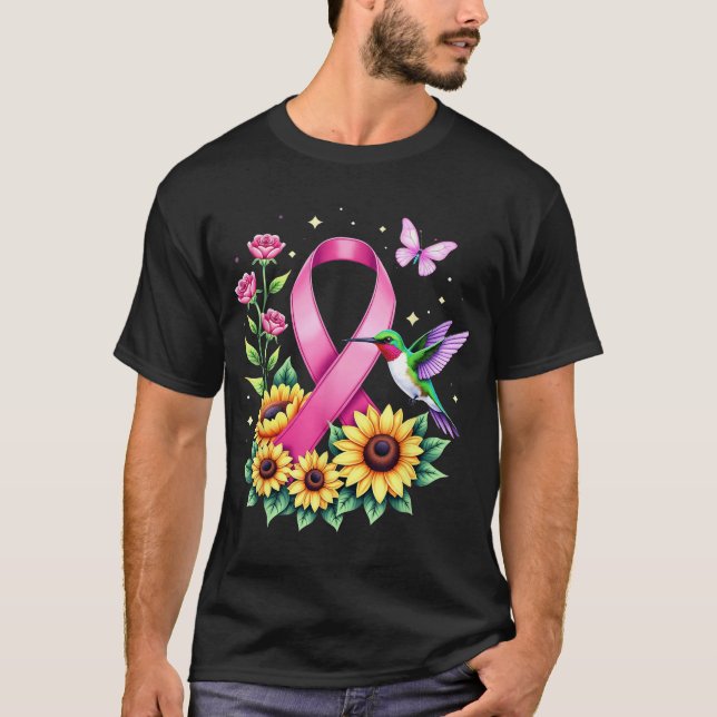 Hummingbird Sunflower Pink Ribbon Breast Cancer  T-Shirt (Front)