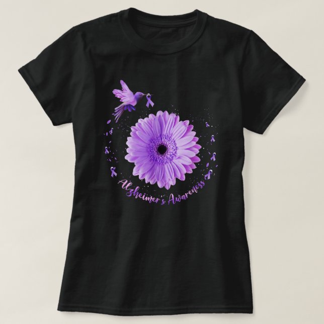 Hummingbird Sunflower Purple Ribbon Alzheimer's Aw T-Shirt (Design Front)