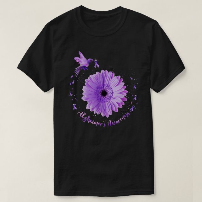 Hummingbird Sunflower Purple Ribbon Alzheimer's Aw T-Shirt (Design Front)