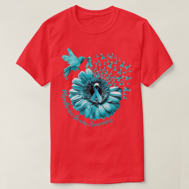 Hummingbird Sunflower Teal Myasthenia Gravis Aware T-Shirt (Design Front)