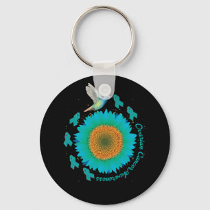 Hummingbird Sunflower Teal Ribbon Ovarian Cancer Key Ring