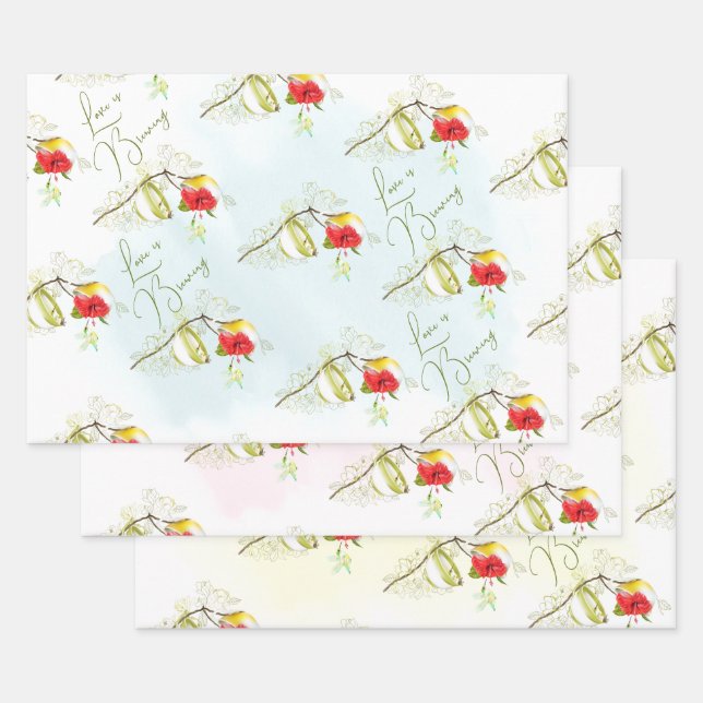 Hummingbird Teacup Floral Wrapping Paper Sheet (Set)