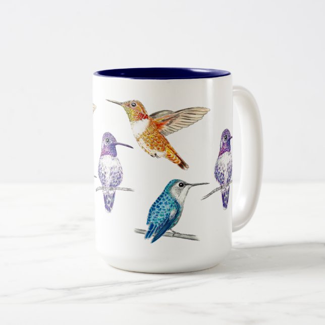 Hummingbird Trio Illustration Two-Tone Coffee Mug (Front Right)