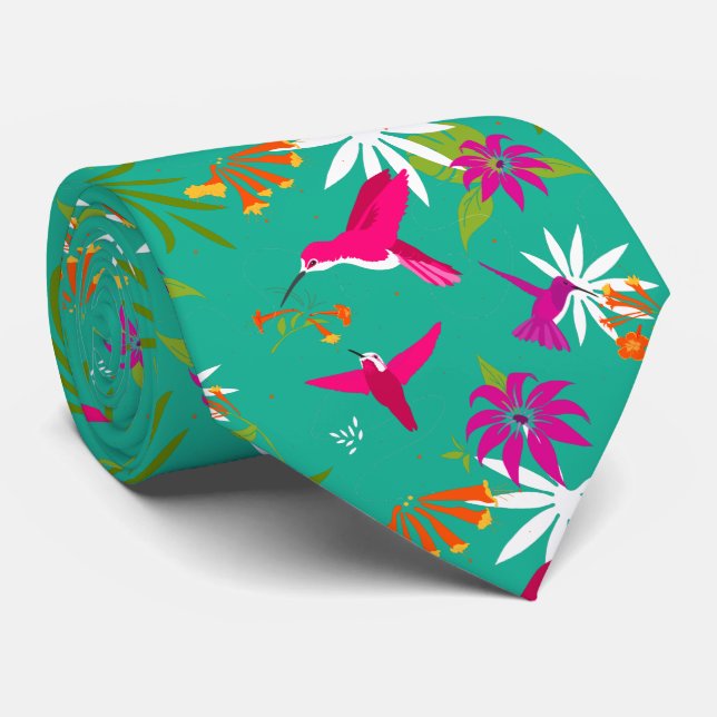 Hummingbird Tropical Beach Wedding Pink Green Blue Tie (Rolled)