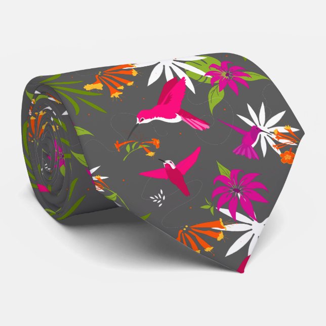Hummingbird Tropical Beach Wedding Pink Grey Tie (Rolled)