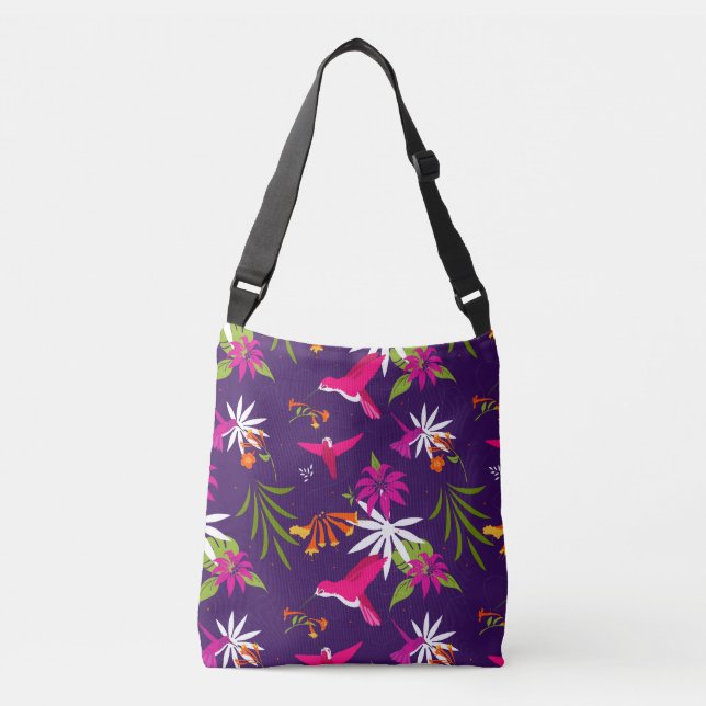 Hummingbird Tropical Flower Purple Pink Patterned Crossbody Bag (Front)