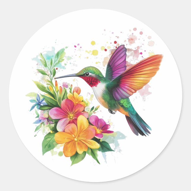 Hummingbird Tropical Flowers Classic Round Sticker (Front)