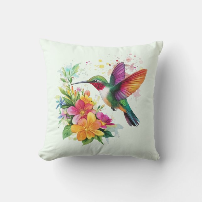 Hummingbird Tropical Flowers Cushion (Front)
