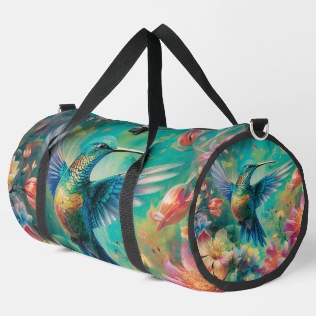Hummingbird Tropical Flowers Duffle Bag (Left Corner)