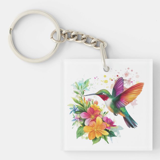 Hummingbird Tropical Flowers Key Ring (Front)