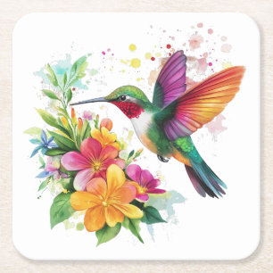 Hummingbird Tropical Flowers Square Paper Coaster