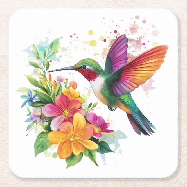 Hummingbird Tropical Flowers Square Paper Coaster (Front)