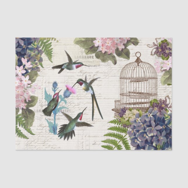 Hummingbird Vintage Birdcage Floral Tissue Paper (Front)