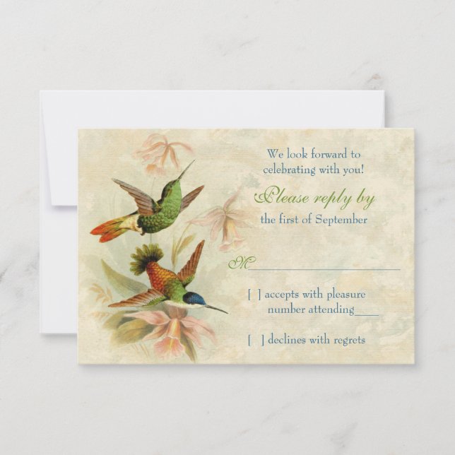 Hummingbird Vintage Floral Wedding RSVP Reply (Front)