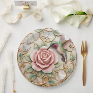 Hummingbird Vintage Victorian Pink Rose Floral Paper Plate