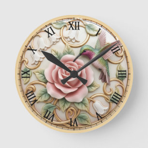 Hummingbird Vintage Victorian Pink Rose Floral Round Clock