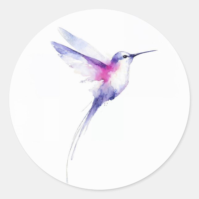 Hummingbird Watercolor Purple Pink Bird Painting Classic Round Sticker (Front)